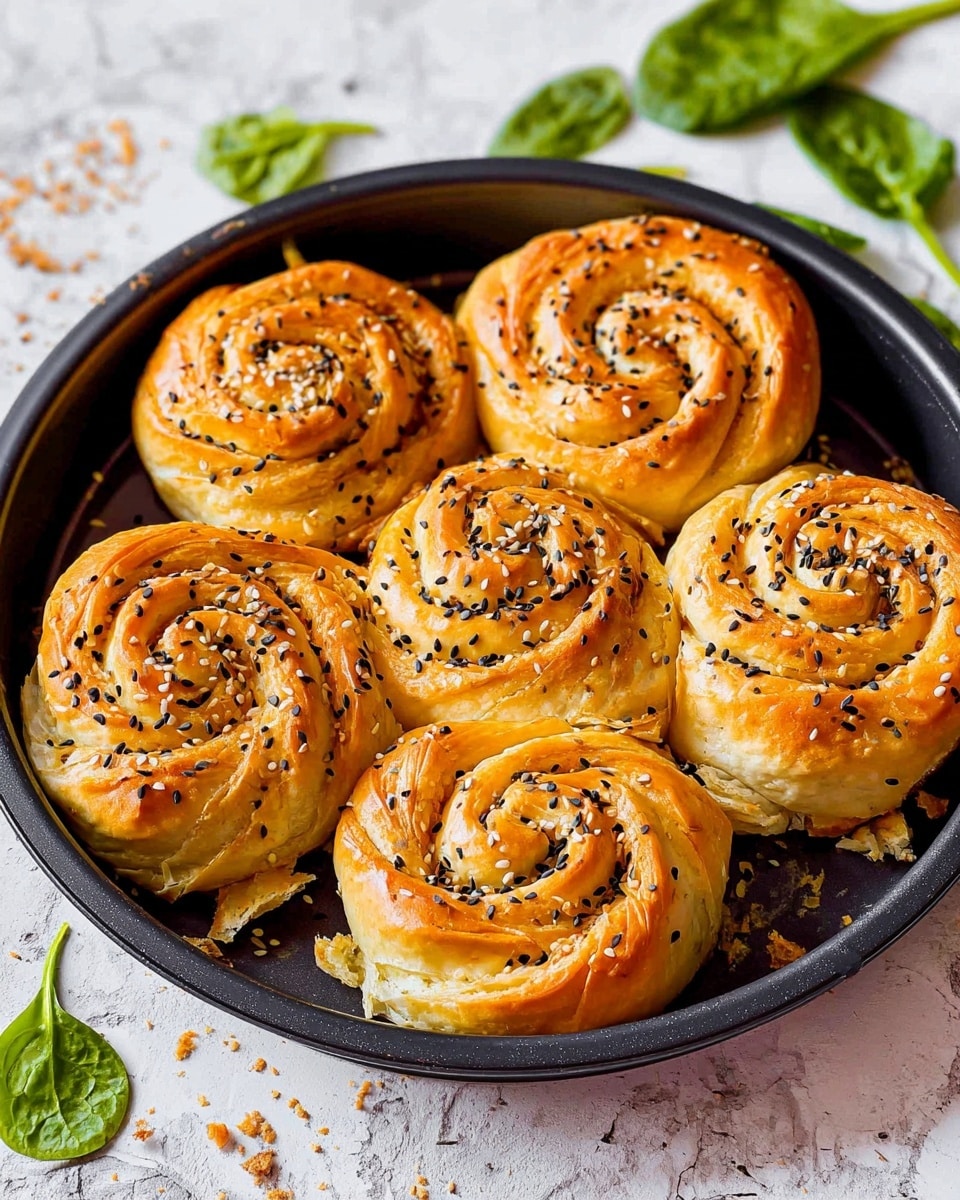 The image shows a round black baking pan holding six spiral-shaped pastries with a golden-brown, flaky crust. Each pastry is rolled into a tight swirl with a slightly shiny surface and small black sesame seeds scattered evenly on top. The pastries are arranged close together, filling most of the pan except for a small empty space where some baked pastry flakes have dropped. The baking pan sits on a white marbled surface with a few fresh green spinach leaves placed to the top right side of the pan. Photo taken with an iphone --ar 4:5 --v 7