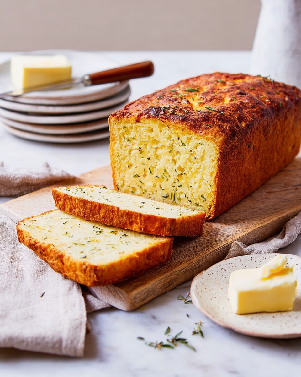 A golden brown loaf of bread with a slightly rough, crispy crust sits on a wooden cutting board over a white marbled surface. The loaf is sliced, revealing a soft, yellow interior flecked with green herbs, with two slices laid flat next to the loaf. In the background, there is a stack of clean white plates with another slice of the bread on the top plate and a butter knife resting on the plates. On the left side of the image, a white plate with a pat of butter is partly visible. The scene is bright and clean with natural light highlighting the textures of the bread. photo taken with an iphone --ar 4:5 --v 7