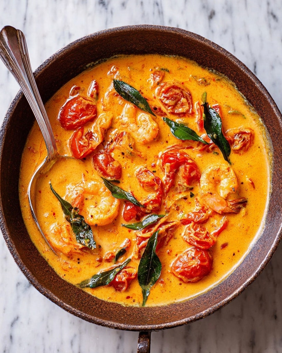 The image shows a rustic round pan filled with a creamy orange curry that has multiple bright red tomato chunks and cherry tomatoes, giving a vibrant pop of color. There are shiny green curry leaves scattered throughout the sauce, along with visible pieces of cooked onions and soft fish fillets or meat chunks that are coated in the thick sauce. A silver spoon is placed inside the pan, partly immersed in the curry. The pan sits on a white marbled textured surface. photo taken with an iphone --ar 4:5 --v 7