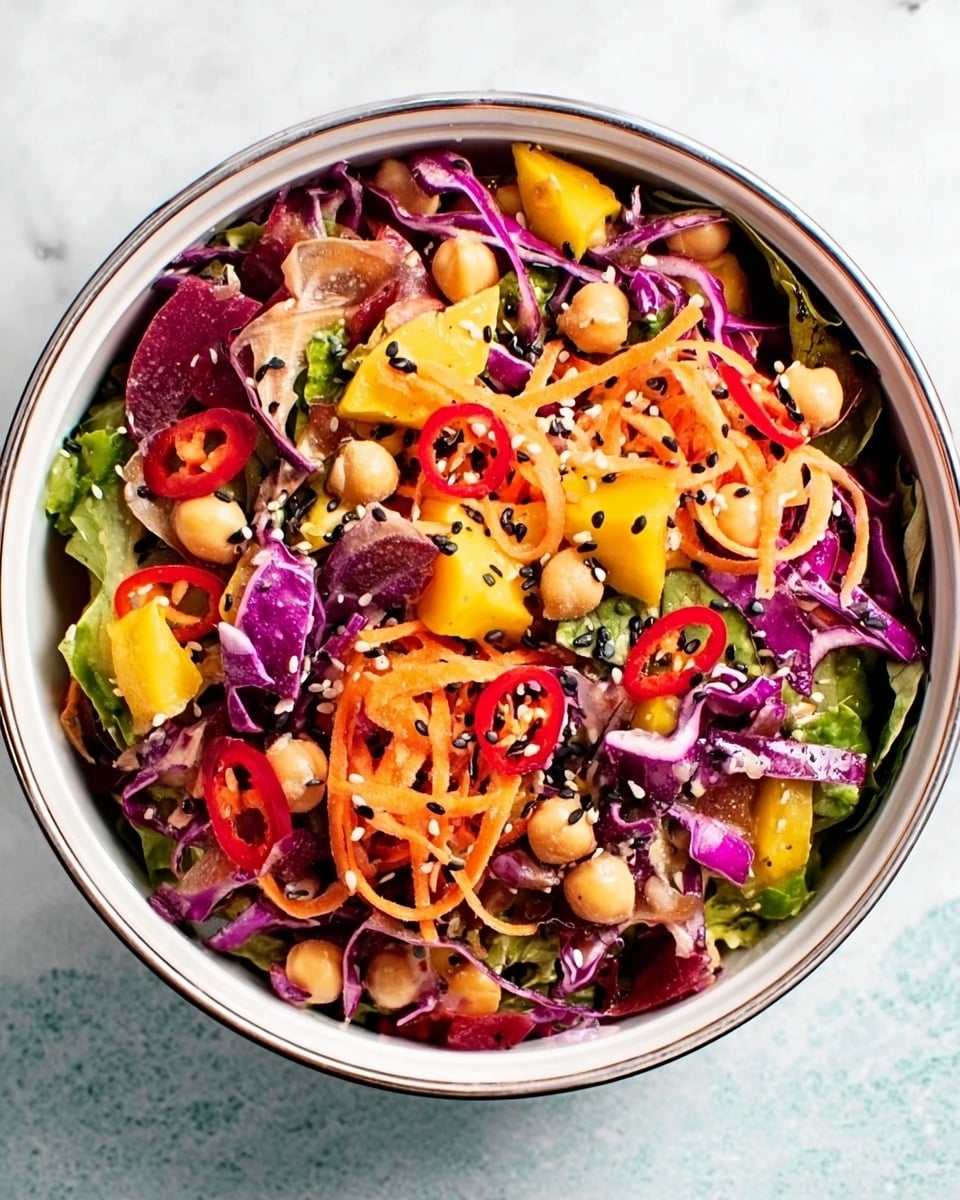 A white bowl filled with a colorful salad sits on a white marbled surface. The salad has several layers: the bottom layer is a mix of shredded green and orange lettuce and some green herbs. On top are thin slices of red chili, pieces of yellow mango, round beige chickpeas, thin shredded purple cabbage, and thin orange carrot strips. Small black sesame seeds are sprinkled across the entire salad, adding little dots of contrast. The colors are bright and the textures look fresh and crunchy. Photo taken with an iphone --ar 4:5 --v 7