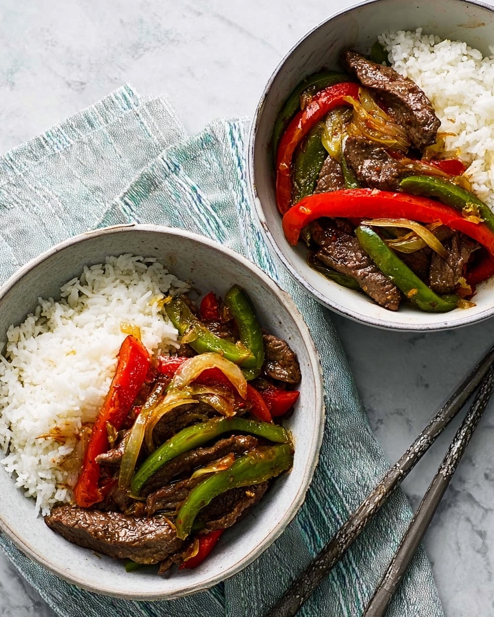 Two white bowls sit on a white marbled surface with a striped cloth underneath. Each bowl is filled with a layer of white cooked rice on one side, next to colorful stir-fried strips of green and red bell peppers mixed with browned beef pieces and some light brown onions. A pair of silver chopsticks rest beside the bowls, adding a simple touch. The dish looks fresh and vibrant, with the soft rice contrasting nicely with the cooked vegetables and beef. Photo taken with an iphone --ar 4:5 --v 7