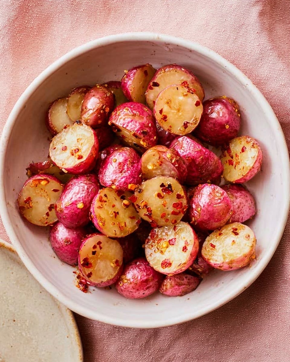 A white speckled bowl is filled with cooked small red potatoes cut in half, showing light golden interiors with a slightly shiny, oily texture. The potatoes are coated in a sauce sprinkled with red chili flakes, adding tiny bright red and orange specks all over. The bowl sits on a soft pink cloth, and part of a light brown circular object is seen in the background. photo taken with an iphone --ar 4:5 --v 7