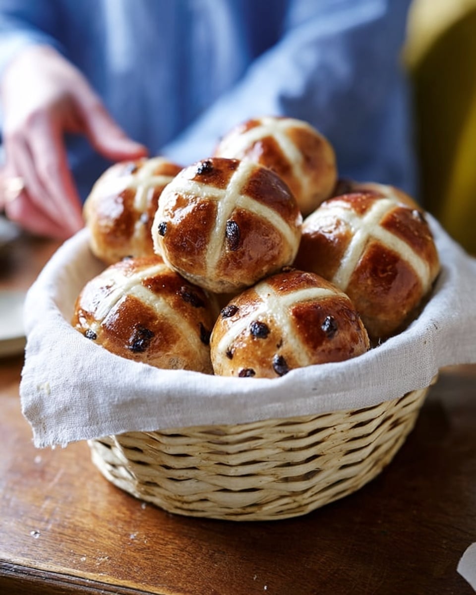 A white woven basket lined with a white cloth holds six golden-brown hot cross buns. Each bun has a shiny, smooth surface with a white cross on top made from a flour paste, and the texture looks soft and slightly fluffy. The basket is placed on a wooden table, with a blurred background showing a person wearing a blue shirt. The scene is warm and cozy, focusing on the fresh buns ready to be served. Photo taken with an iphone --ar 4:5 --v 7