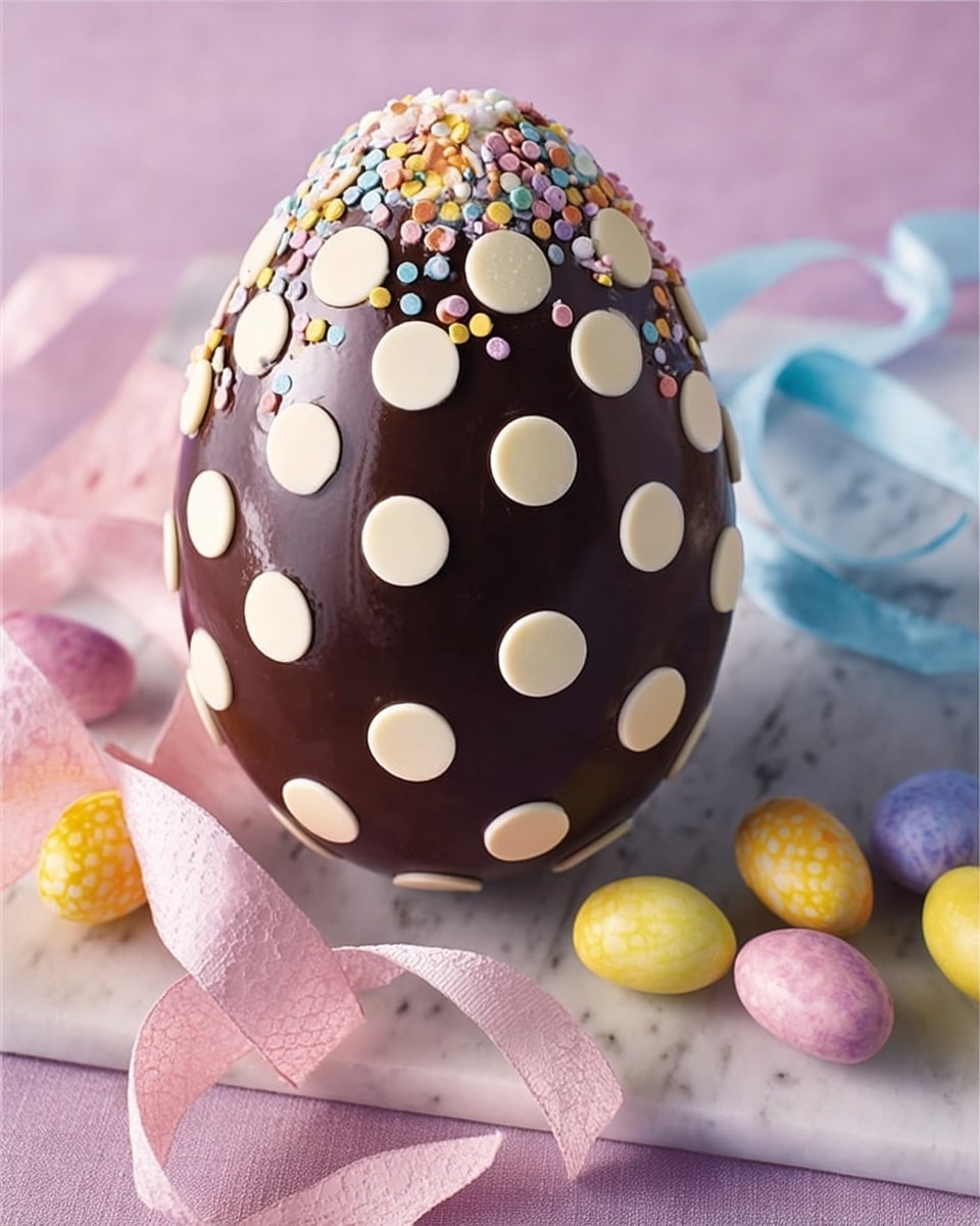 A large, smooth dark chocolate egg sits on a white marbled surface, decorated with two types of round toppings evenly spaced across its surface: plain white chocolate discs and white chocolate discs covered with colorful small round sprinkles in pastel yellow, pink, and orange. The egg is partially wrapped in a sheer pink fabric tied with a thin white ribbon at the base, giving a delicate and festive look. To the right, there are several pastel-colored mini eggs in pale yellow, pink, and purple resting on the white marbled surface. Photo taken with an iphone --ar 4:5 --v 7