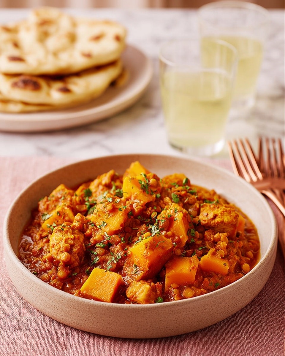 A bowl filled with a thick stew composed of orange chunks of butternut squash, yellow pieces of chicken, and small lentils in a rich, reddish-orange sauce mixed with bits of green herbs scattered throughout. The stew has a chunky, hearty texture with visible layers of ingredients blending together. The bowl is white and sits on a white marbled surface with a soft pink cloth underneath. In the background, there is a white plate holding stacked naan bread, slightly charred in spots, with a copper fork resting beside the bowl. Two glasses filled with a light yellow drink are seen blurred in the upper part of the image. photo taken with an iphone --ar 4:5 --v 7