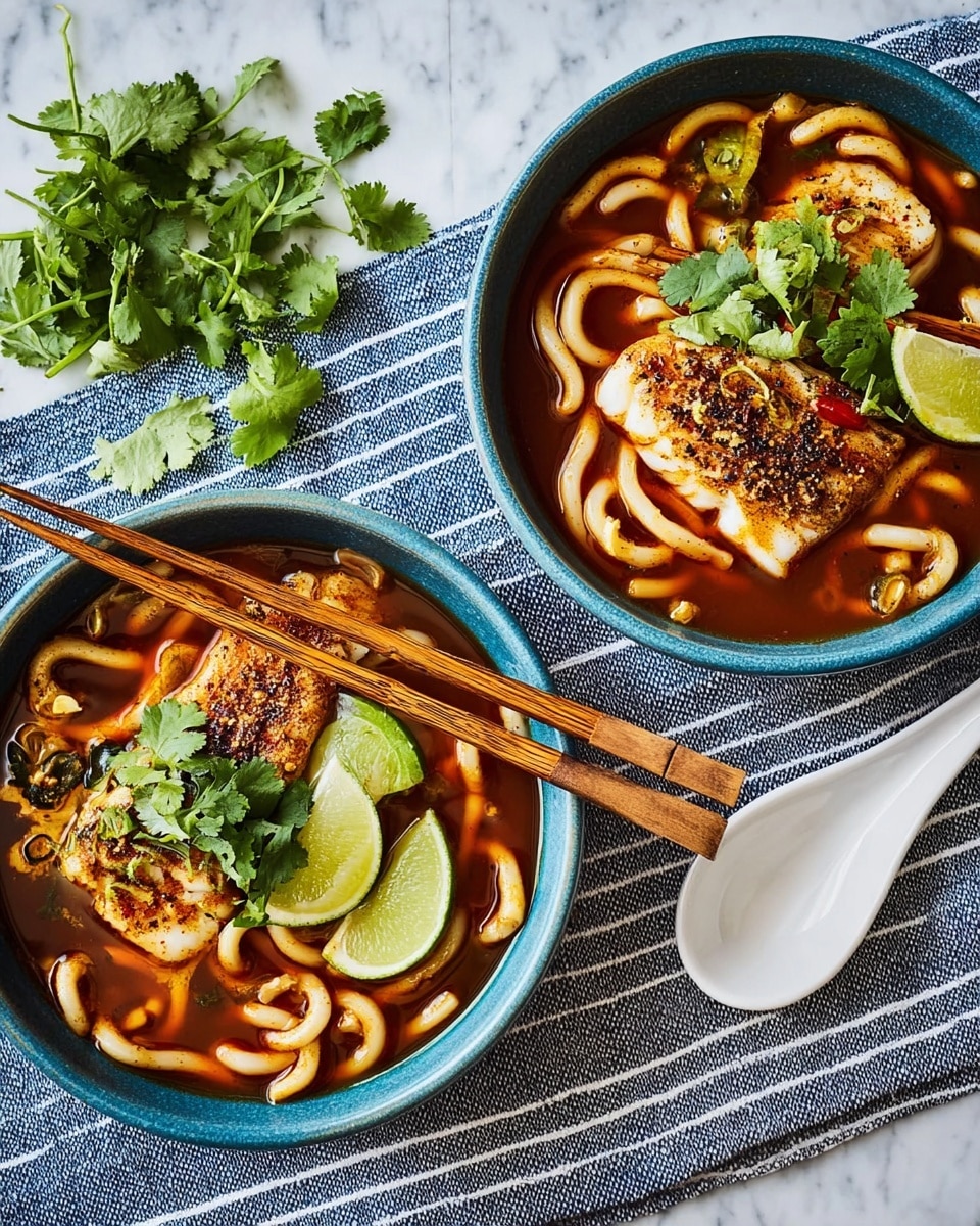 Two blue bowls filled with soup sit on a white marbled texture with a striped cloth underneath. Each bowl has a deep brown broth with thick white noodles swirling inside. On top of the noodles is a golden-brown cooked piece of fish garnished with fresh green cilantro leaves. A bright green lime wedge rests on the edge of each bowl. Dark wooden chopsticks lay across the front bowl. To the side, a white spoon rests near some fresh cilantro and another lime wedge on a small white dish. photo taken with an iphone --ar 4:5 --v 7