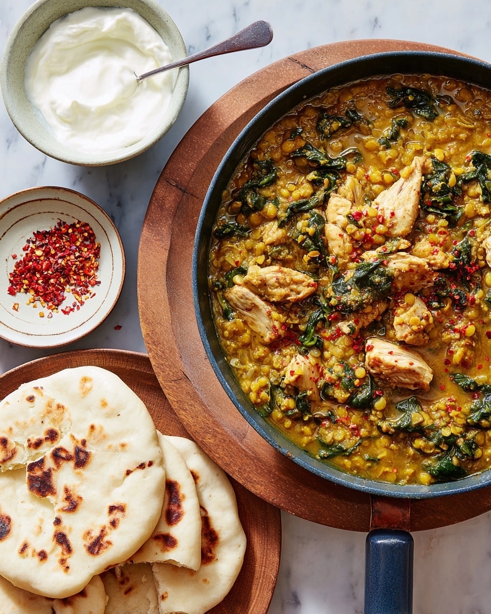 The image shows a close-up of a meal set on a white marbled texture. On the left side, there are three stacked flatbreads with a golden-brown dotted texture on top, and one broken piece placed below. On the right side, a large shallow pot with green handles contains a thick stew with yellow lentils, green leafy vegetables, and chunks of browned meat, with some red chili flakes sprinkled on top. Above the pot, there are two small round dishes: one filled with white creamy yogurt with a spoon in it, and the other with red chili flakes. All dishes are placed closely, highlighting the textures and colors of the food vividly. photo taken with an iphone --ar 4:5 --v 7
