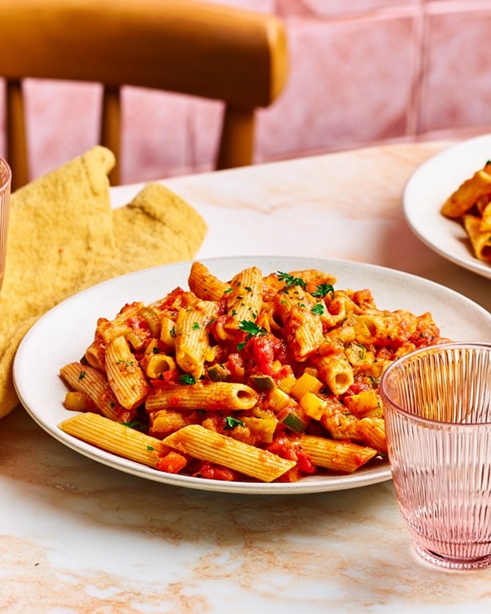 A white shallow bowl filled with rigatoni pasta coated in a red tomato sauce, mixed with small pieces of chicken and halved cherry tomatoes, garnished with chopped green herbs scattered on top. The bowl sits on a white marbled surface next to a pale yellow napkin and two clear ribbed glasses filled with water, with a soft pink cushioned background behind. Another similar bowl with pasta is partially visible in the foreground. Photo taken with an iphone --ar 4:5 --v 7