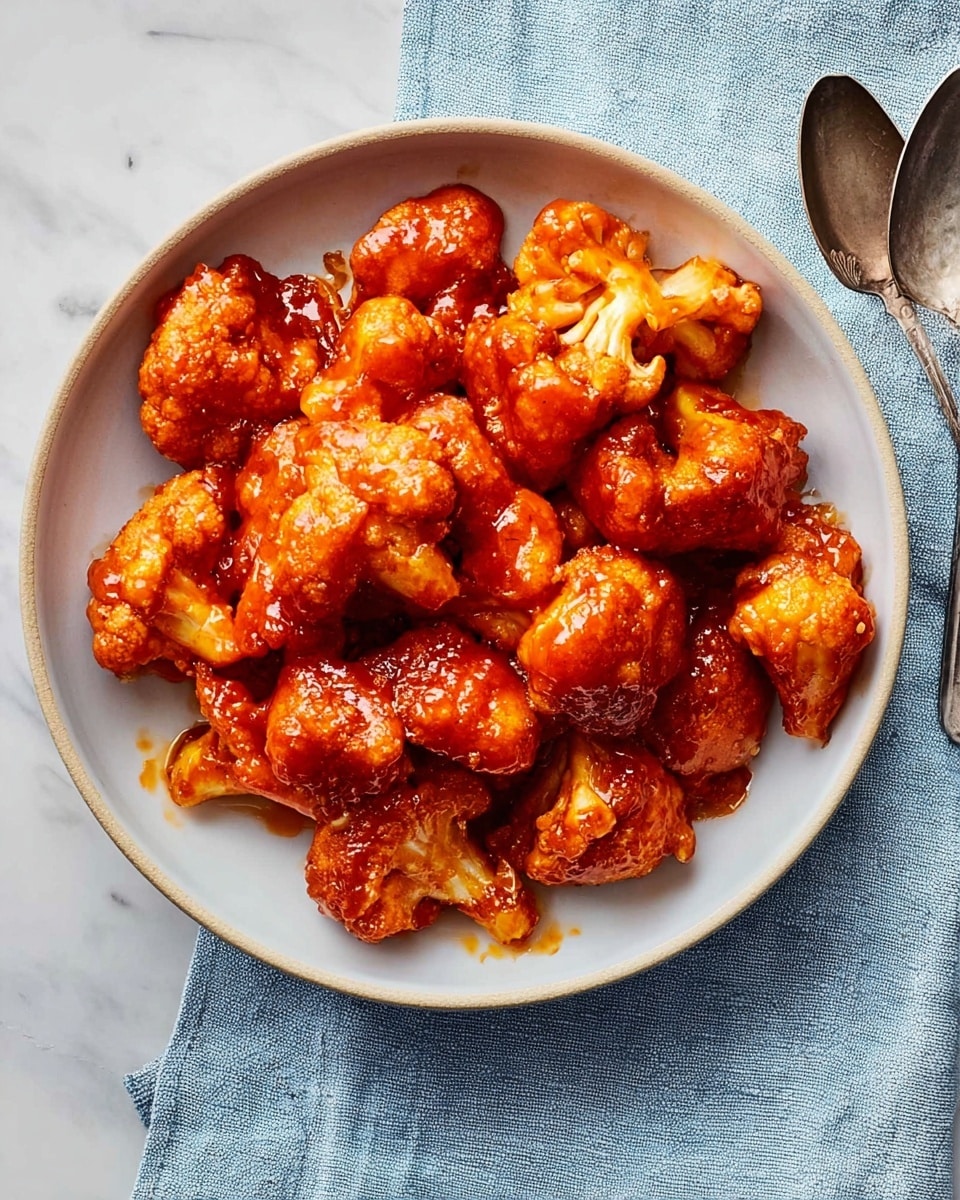 A white bowl is filled with many golden brown cauliflower pieces coated in a shiny reddish-orange sauce, giving a crispy and glazed look. The cauliflower pieces vary in size and are piled loosely inside the bowl. The bowl rests on a white marbled surface next to a light blue cloth with two vintage silver forks placed beside it. photo taken with an iphone --ar 4:5 --v 7