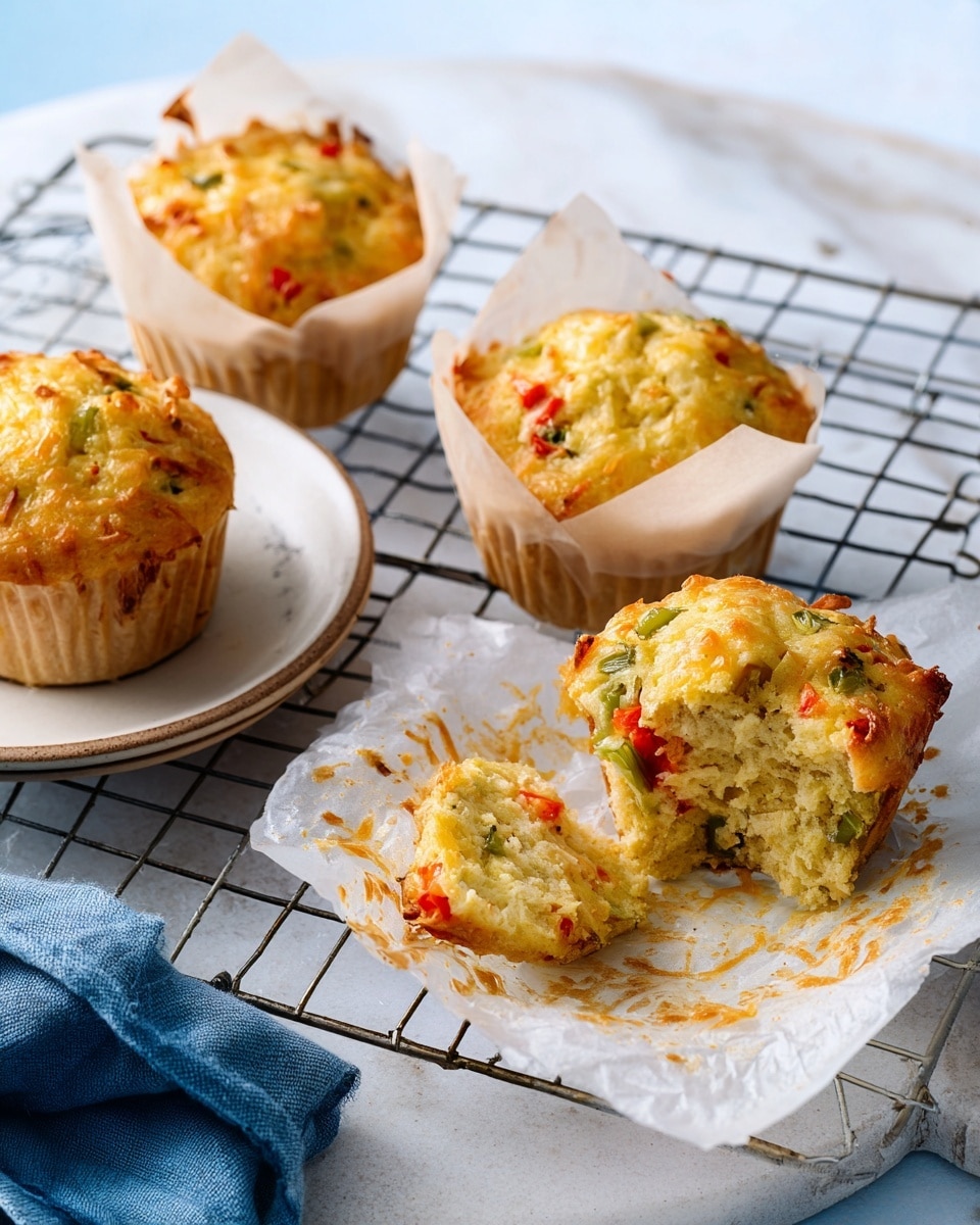 The image shows several savory muffins in brown and white parchment paper liners resting on a metal cooling rack over a light blue surface that appears soft. One muffin is unwrapped and split open in the front, revealing a soft, fluffy interior with visible bits of red peppers and green herbs throughout. The muffins have a golden brown crust with lightly melted cheese on top, showing a slightly uneven, rustic texture. A bit of golden crust stains the parchment paper under the cut muffin, adding a fresh baked look. The overall scene feels warm, fresh, and inviting, with a focus on the delicious, textured surfaces of the muffins. Photo taken with an iphone --ar 4:5 --v 7