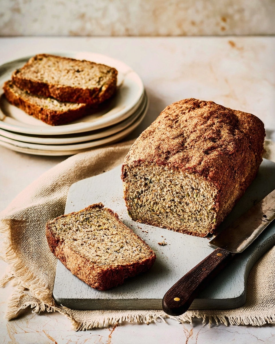 A loaf of brown bread with a rough, textured crust sits on a wooden cutting board, partially sliced with one slice lying flat and one slice leaning against the loaf, showing its airy interior with small green and dark specks throughout. A knife with a dark wooden handle rests next to the loaf on the board. Nearby, a white plate holds two more slices of the same bread, placed on a beige cloth with fringed edges, all set on a white marbled surface. The scene is lit softly, highlighting the bread’s crumbly texture and warm tones. photo taken with an iphone --ar 4:5 --v 7