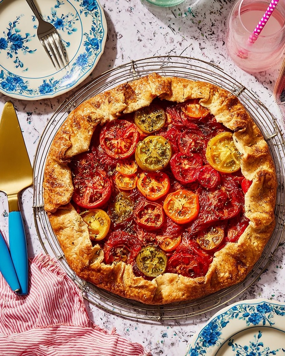 A round galette with a thick, golden-brown, flaky crust folded over the edges, containing a filling made of layers of red, yellow, and green tomato slices arranged closely together with visible seasoning like black pepper and herbs. The crust looks crisp and slightly shiny, holding the juicy, colorful tomato filling in the center. The galette sits on a wire cooling rack, placed on a white marbled surface. Nearby, a white plate with blue floral patterns, a blue-handled fork, a pink cloth, and a glass with a pink straw complete the scene. photo taken with an iphone --ar 4:5 --v 7