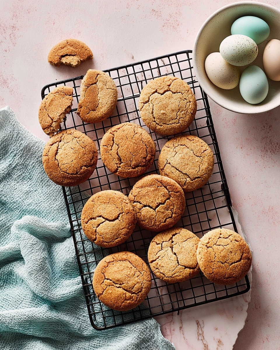 A wire cooling rack holds twelve round, golden brown cookies with cracked tops, placed on a white marbled surface with a soft pink tint. One cookie on the top left has a bite taken out of it, showing a slightly softer inside. To the left of the rack, there is a grey textured cloth and a white bowl containing three speckled eggs in shades of white, light blue, and greyish green. The overall scene is bright and clean with soft natural light, giving a fresh homemade feel. photo taken with an iphone --ar 4:5 --v 7