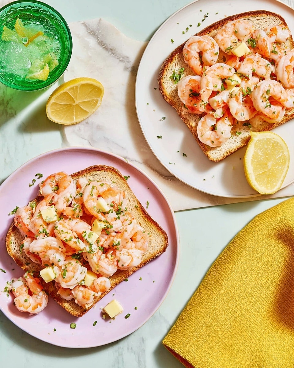 Two white plates on a white marbled surface hold slices of toasted bread topped with small pink cooked shrimp, chopped boiled egg pieces, and finely chopped green herbs. The shrimp have a smooth texture and are scattered evenly over the toast, which is golden brown with a crisp look. A lemon wedge is placed on the edge of the plate at the top, while a few shrimp pieces rest beside the toast on the plate below. The scene also includes a bright yellow cloth on the left side and a green glass filled with a bubbly drink on the right. Photo taken with an iphone --ar 4:5 --v 7