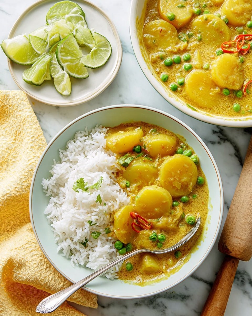 A shallow white bowl is filled half with white rice showing soft, fluffy grains and the other half with a golden yellow curry sauce. The sauce contains round, sliced potatoes that are smooth in texture and light yellow color, along with bright green peas scattered on top and mixed in. There are also some thin slices of chili pepper visible in the sauce, adding a dash of red and orange color. A silver spoon rests inside the bowl, partially dipped into the curry. Behind the bowl, a larger white dish holds more of the same curry, showing more of the golden sauce with green peas and red chili slices on its surface. Nearby, a small round white plate holds green lime wedges arranged casually. The whole scene is set against a white marbled surface with a soft yellow cloth and a wooden rolling pin handle in the background. photo taken with an iphone --ar 4:5 --v 7