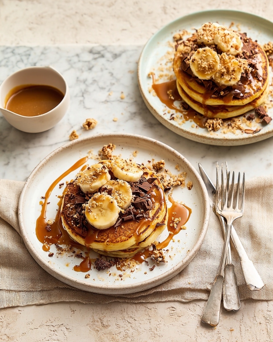 Two white plates each hold three golden-brown pancakes stacked in the center. On top of the pancakes are several round banana slices arranged in a loose cluster, drizzled with amber caramel sauce that pools lightly around the edges. Crumbled light brown cookie pieces and thin dark chocolate shavings are scattered across the bananas and pancakes, adding texture. The plates rest on a white marbled surface, and near them is a small white bowl filled with caramel sauce. To the right, two forks lie side by side on a soft beige cloth with frayed edges. The photo taken with an iphone --ar 4:5 --v 7