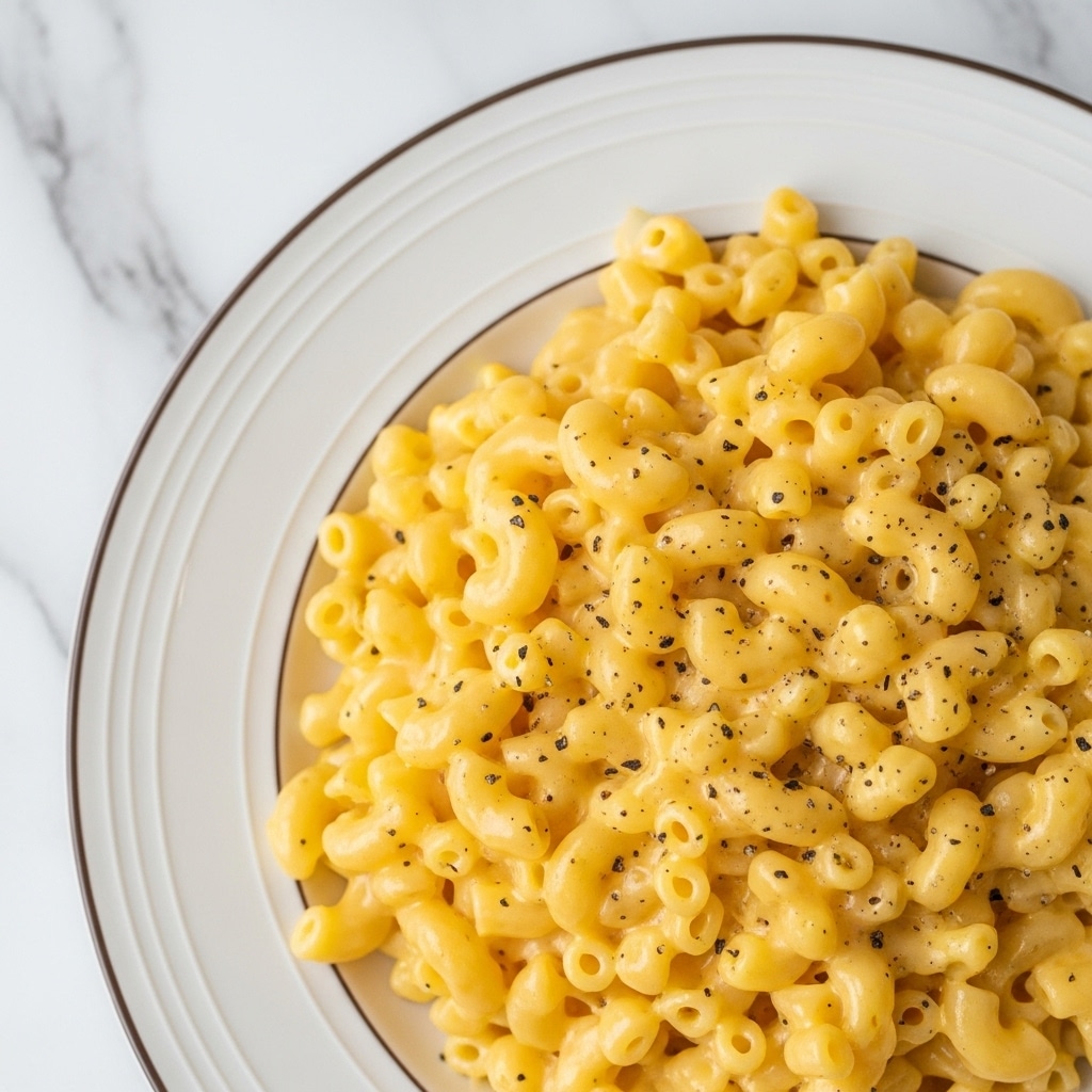 A close-up of a white plate filled with a creamy, rich macaroni and cheese. The small spiral pasta is coated thickly in smooth, bright golden yellow cheese sauce with a slightly glossy texture and tiny black pepper specks scattered throughout. The edges of the pasta are soft and rounded with the cheese clinging to every curve and hollow, giving it a luscious, comforting look. The plate sits on a white marbled surface, and a silver fork is partially visible at the edge. Photo taken with an iphone --ar 4:5 --v 7