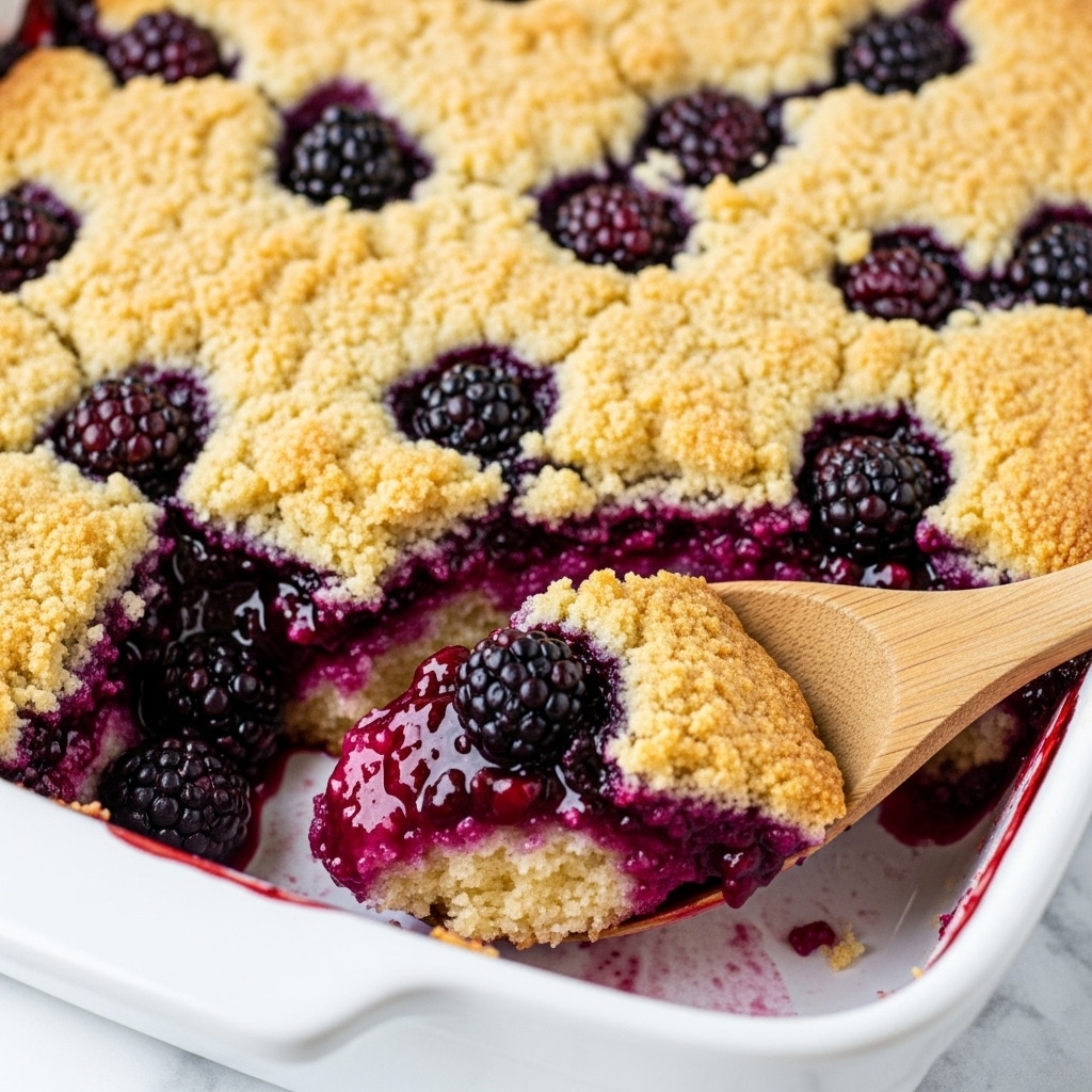 A close-up view of a berry cobbler in a pale baking dish on a white marbled surface, showing a wooden spoon scooping a portion. The cobbler has two layers: a top crumbly golden-brown crust with sugar crystals, and a thick, juicy bottom layer of dark purple blackberries with red berry juice bubbling up. The spoon lifts a mix of crust and berry filling, highlighting the contrast between the crunchy top and soft, syrupy fruit below. photo taken with an iphone --ar 4:5 --v 7