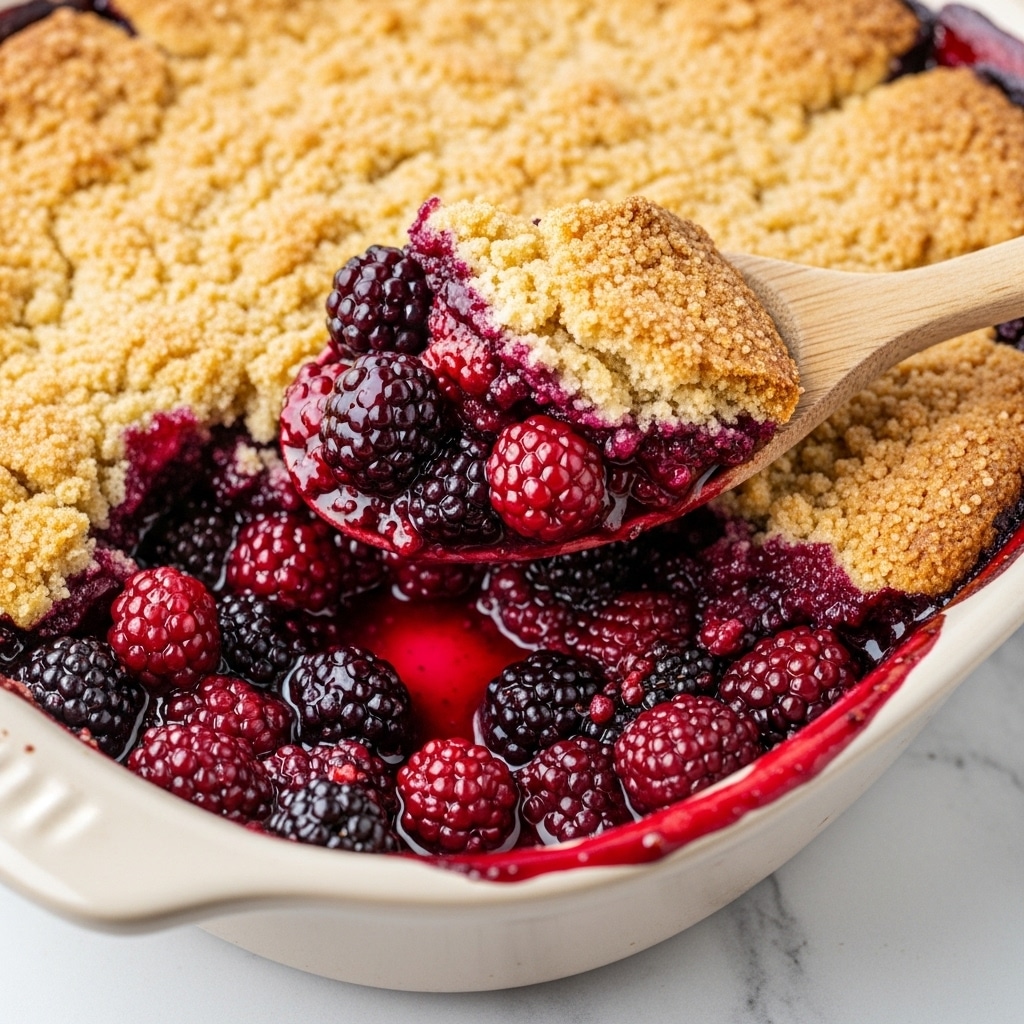 A close-up view of a warm blackberry cobbler in a white ceramic baking dish, showing a rough golden crumbly top layer with scattered whole blackberries bursting with deep purple juice. The middle layer is thick and glossy with cooked blackberry filling that looks juicy and rich in a bright dark purple color. A smooth wooden spoon is scooping out a piece from the dish, revealing a soft, moist, and slightly crumbly biscuit-like base layer underneath. The white marbled background is softly visible around the edges. Photo taken with an iphone --ar 4:5 --v 7
