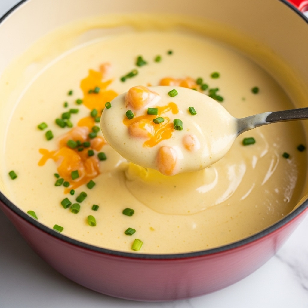 A thick, creamy cheese sauce with small bits of bright orange cheddar cheese and chopped green chives sprinkled on top fills a large white pot with a red outer surface, with a white spoon lifting some sauce showing its smooth texture and small specks of pepper, all placed on a white marbled surface. photo taken with an iphone --ar 4:5 --v 7