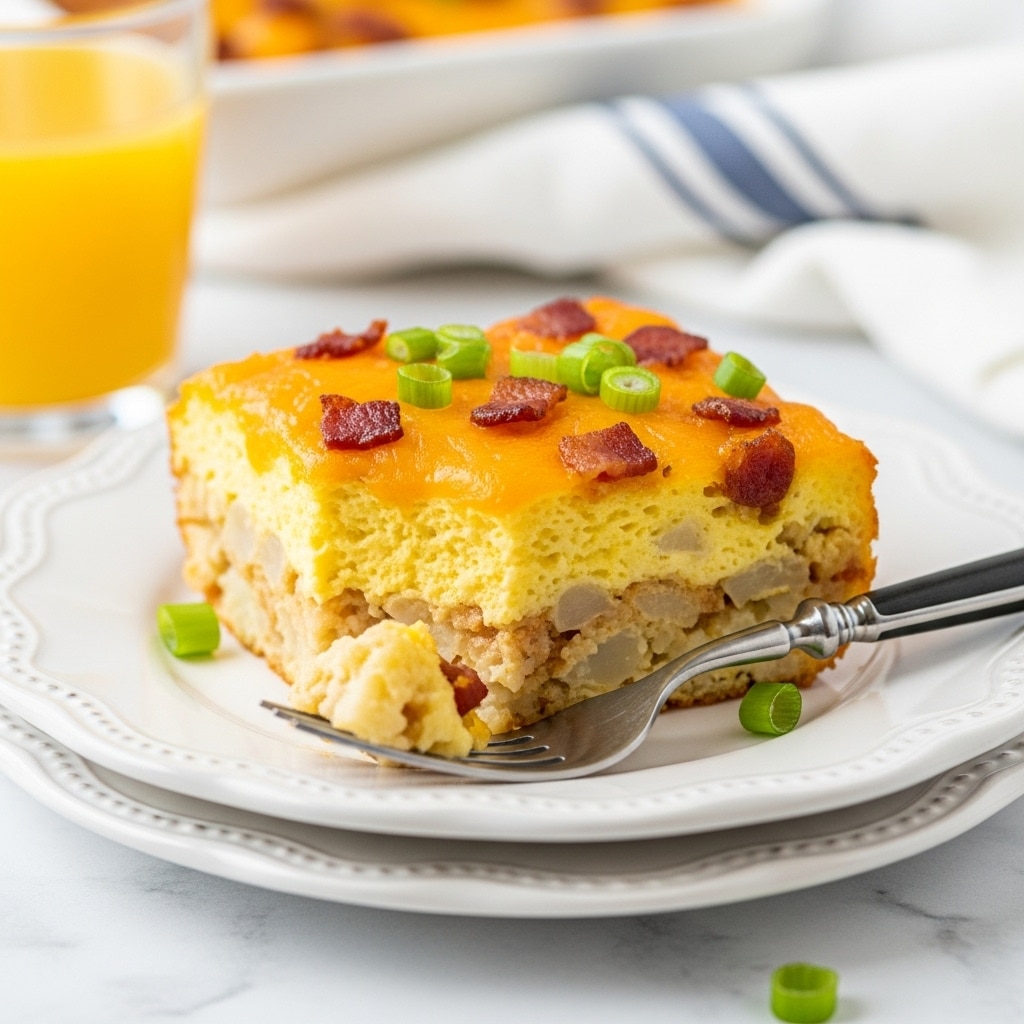 A single thick slice of cheesy casserole sits on a white plate with intricate edges, showing a golden brown top layer with melted cheese and small crispy bits. Scattered on the top are pieces of reddish-brown cooked bacon and bright green chopped scallions, adding color contrast. The middle layer looks soft and creamy with visible cauliflower chunks mixed in a light yellow, egg-based mixture. A silver fork with a black handle rests on the right side of the plate with part of the casserole held on its prongs. In the background, a clear glass holds orange juice, and the whole setting is on a white marbled surface. Photo taken with an iphone --ar 4:5 --v 7
