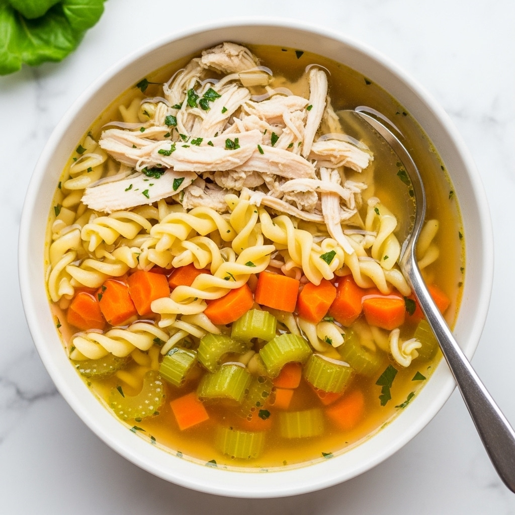 A white bowl filled with chicken noodle soup is shown from above. The soup has three main layers: the clear golden broth at the bottom, a mix of thick spiral pasta, shredded white chicken pieces, and small orange carrot cubes floating in the middle, and finely chopped green herbs sprinkled on top as the final layer. A silver spoon rests inside the bowl on the right side, partly submerged in the soup. The bowl sits on a white marbled surface, and fresh green celery leaves can be seen in the upper left corner. photo taken with an iphone --ar 4:5 --v 7