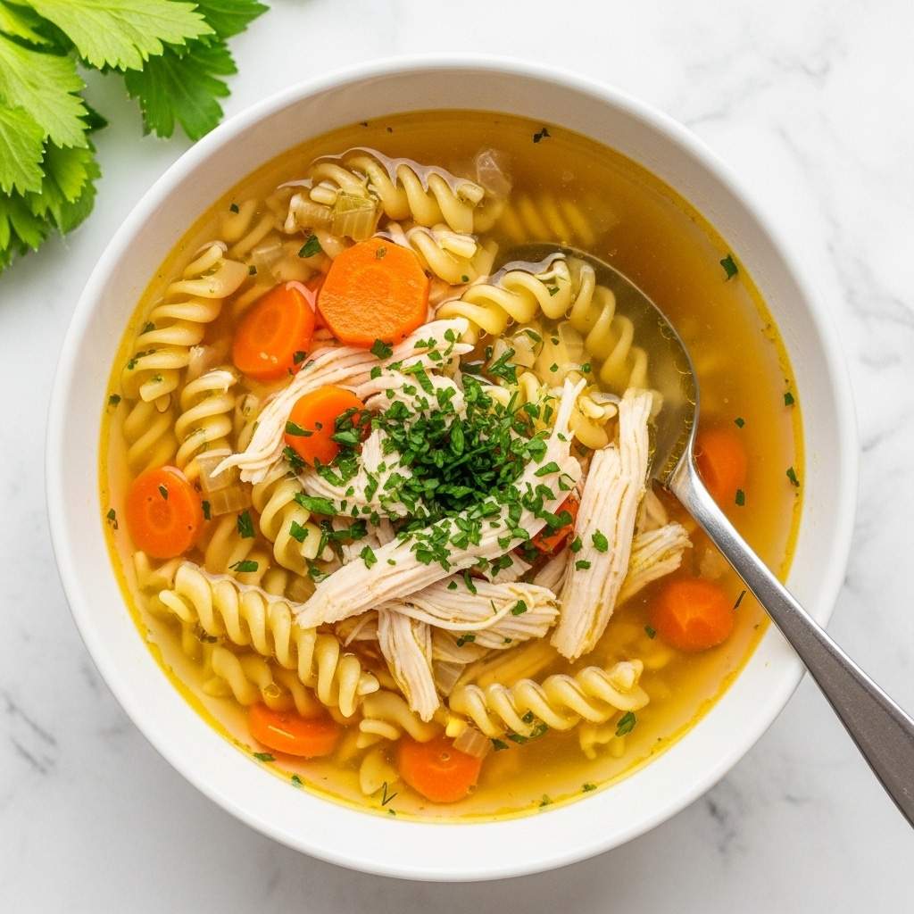 A white bowl filled with chicken noodle soup, showing three main layers: the bottom layer is a clear golden broth, the middle layer has pale yellow twisted pasta pieces, orange carrot chunks, and light green celery slices, and the top layer consists of shredded white chicken mixed with small green herb bits; a silver spoon rests inside the bowl on the right side, and the bowl sits on a white marbled surface with a leafy green garnish slightly visible in the upper left corner. photo taken with an iphone --ar 4:5 --v 7