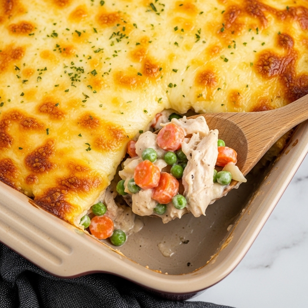 A close-up of a baked casserole in a beige baking dish with a thick, golden-brown melted cheese layer on top, slightly browned at the edges with some small green herb specks sprinkled over it. A wooden spoon scoops out a portion from one corner, showing a creamy inside full of mixed vegetables including orange carrot chunks, green peas, and shredded chicken in a thick white sauce. The baking dish sits on a white marbled surface with a dark cloth napkin partially visible at the bottom left. Photo taken with an iphone --ar 4:5 --v 7
