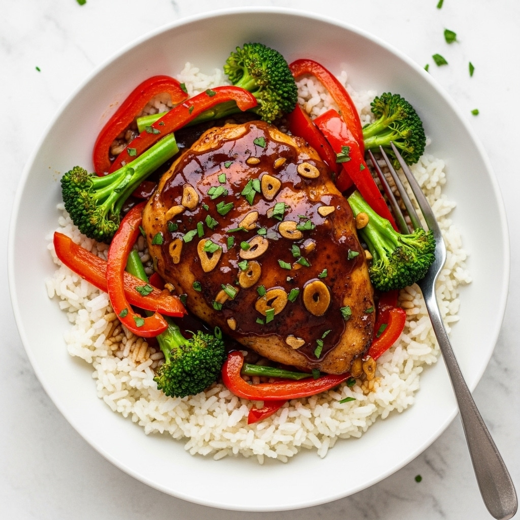 A white plate holds a bed of fluffy white rice forming the bottom layer, topped with a thick, glossy brown sauce that coats a crispy golden-brown chicken piece in the center. Surrounding the chicken are bright red strips of bell peppers and small broccoli florets that peek through the sauce, adding pops of green and red. The entire dish is lightly sprinkled with small, fresh green chive pieces. A spoon rests on the right side of the plate. The plate is set on a white marbled surface. photo taken with an iphone --ar 4:5 --v 7