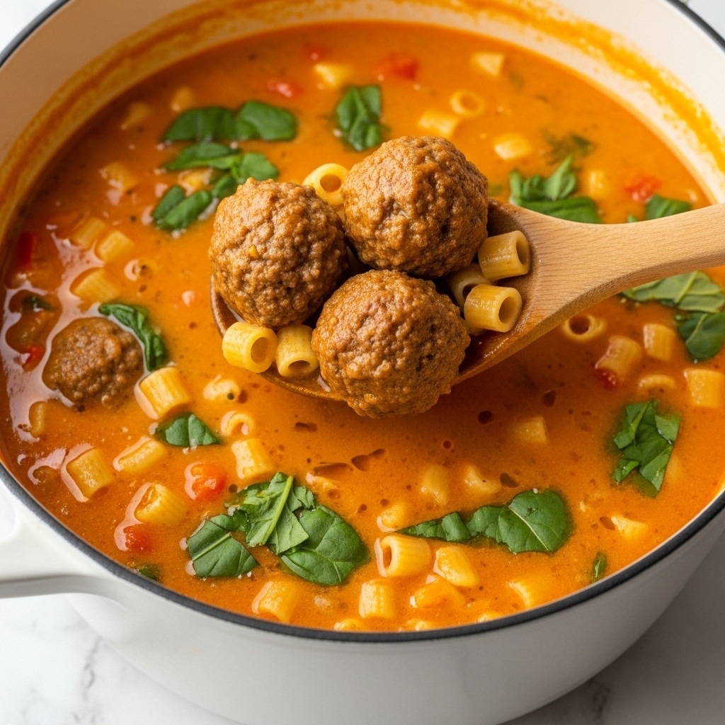 A close-up shot of a blue pot filled with a creamy orange soup, containing small round brown meatballs, short tubular pasta, and green leafy herbs scattered throughout. A wooden spoon lifts three meatballs, some pasta, and a bit of soup, showing the thick texture of the broth. The soup has a rich and slightly glossy surface with fresh herbs on top, and the pot sits on a white marbled surface. photo taken with an iphone --ar 4:5 --v 7