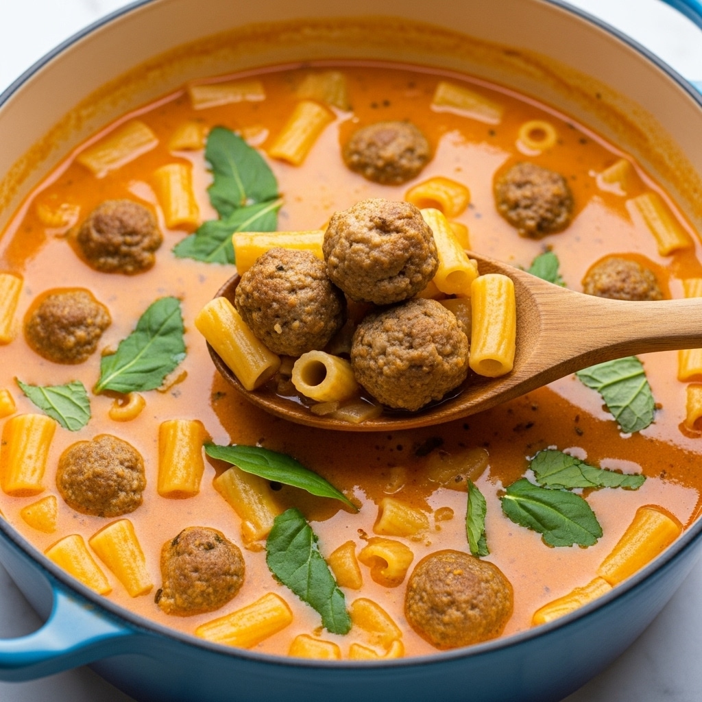 Creamy Meatball Soup with Pasta, Spinach, Ricotta, and Parmesan Recipe