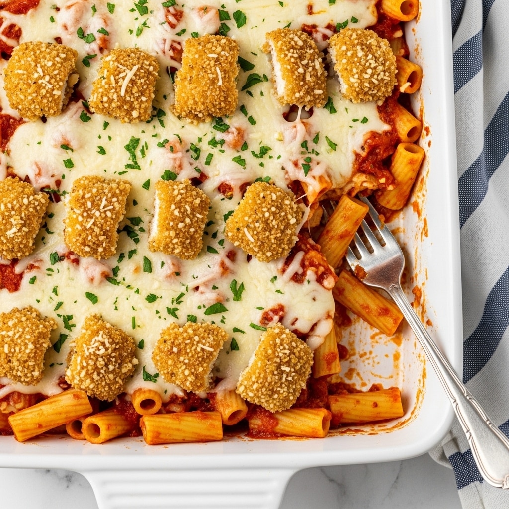 A white baking tray filled with baked rigatoni pasta layered with crispy golden breaded chicken pieces, covered in melted creamy mozzarella cheese, and topped with bright red tomato sauce scattered across the dish. There are small green parsley flakes sprinkled on top for a touch of freshness. The texture shows the pasta soft but firm, the chicken crunchy, and the cheese gooey and slightly browned around the edges. A silver serving spoon rests inside the tray, and the whole scene is set against a white marbled surface with a light blue-striped cloth nearby. Photo taken with an iphone --ar 4:5 --v 7