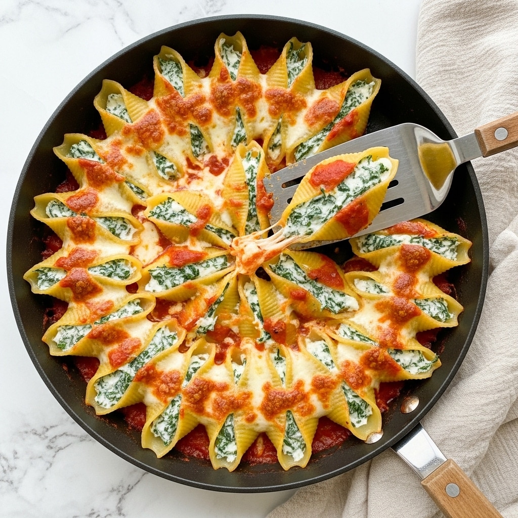 The image shows a round, white baking dish filled with large pasta shells stuffed with a creamy mix of ricotta cheese and spinach. Each shell is layered inside the dish on a base of red tomato sauce. The pasta shells are topped with melted golden-brown cheese, giving a bubbly and slightly crispy texture on top. The dish is cut into portions, and a silver serving spoon with a wooden handle is lifting one stuffed shell, showing gooey cheese stretching. The background features a white marbled surface with a white cloth napkin beside the dish. Photo taken with an iphone --ar 4:5 --v 7