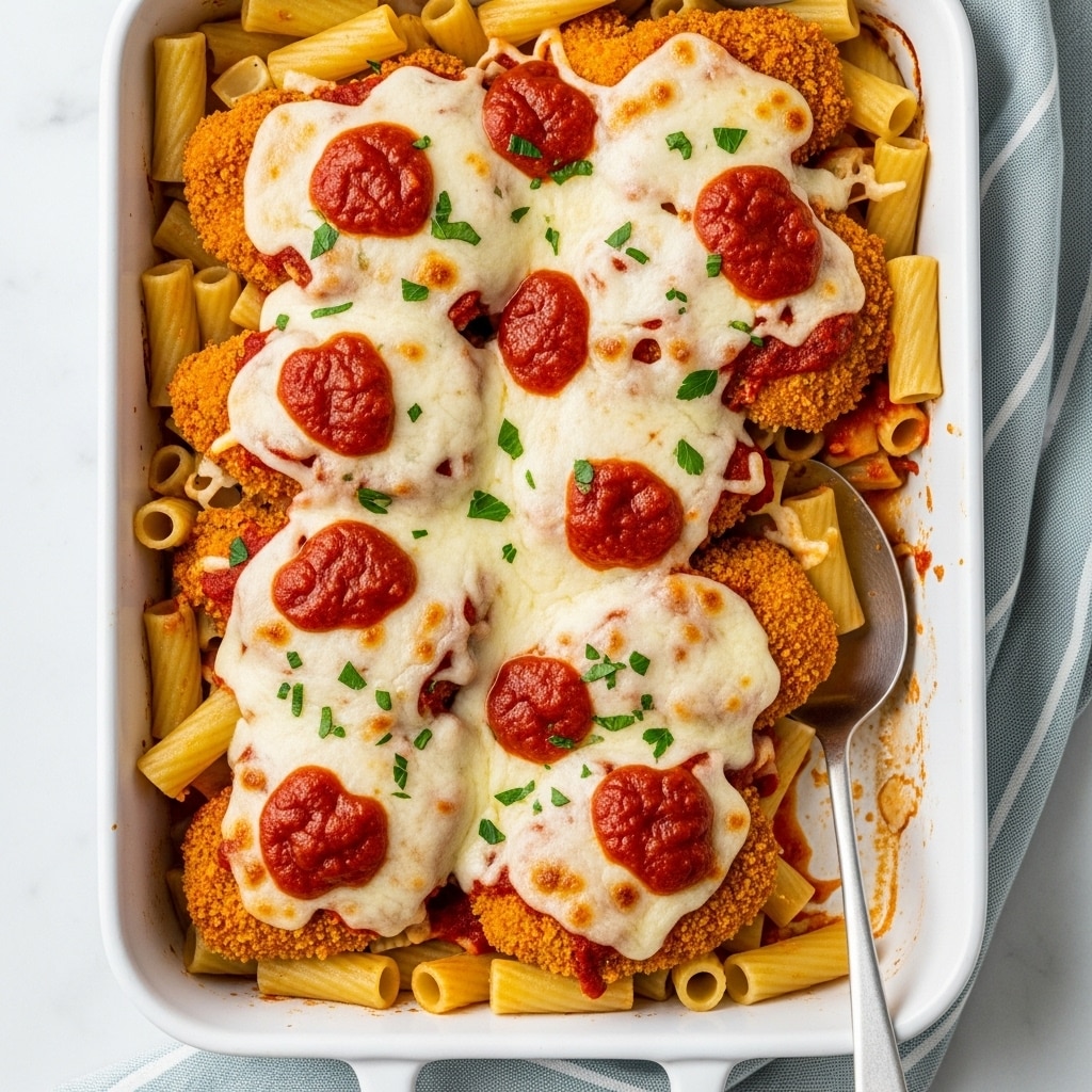 The image shows a close-up view of a baked pasta dish in a white rectangular pan. The dish has three visible layers: the bottom layer is rigatoni pasta coated with red tomato sauce, the middle layer consists of crispy golden-brown breaded chicken pieces scattered evenly, and the top layer is melted white cheese mixed with some grated cheese sprinkled on top. Small green parsley bits are scattered across the surface, adding color contrast. A silver fork is placed inside the pan on the right side, ready to scoop a piece. The background is a white marbled surface with a folded blue and white striped cloth partially visible to the right. Photo taken with an iphone --ar 4:5 --v 7