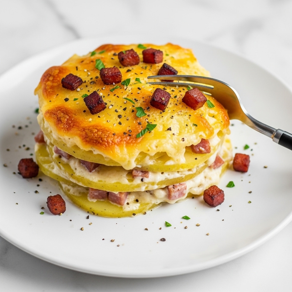 The dish shows multiple layers of round yellow potato slices covered with melted golden cheese and small pieces of browned bacon scattered on top. The layers are stacked irregularly on a white plate, with a creamy sauce visible between them. Fresh green herbs are sprinkled over the dish, and some black pepper specks add texture. A fork with a silver handle is placed on the plate, touching the top layer of the potatoes. The background is a white marbled texture. photo taken with an iphone --ar 4:5 --v 7