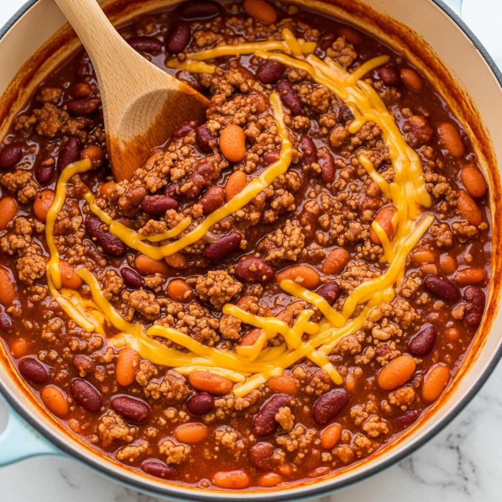 A close-up view of a thick chili dish inside a white pot with a wooden spoon lifting some chili. The chili has layers of dark brown cooked ground meat mixed with dark red and light brown kidney beans, all coated in a rich reddish-brown sauce. Thin strands of melted yellow cheese are spread unevenly on top, slightly melted into the chili. The inside sides of the pot show splashes of the sauce, and the white marbled texture background is faintly visible around the pot. photo taken with an iphone --ar 4:5 --v 7