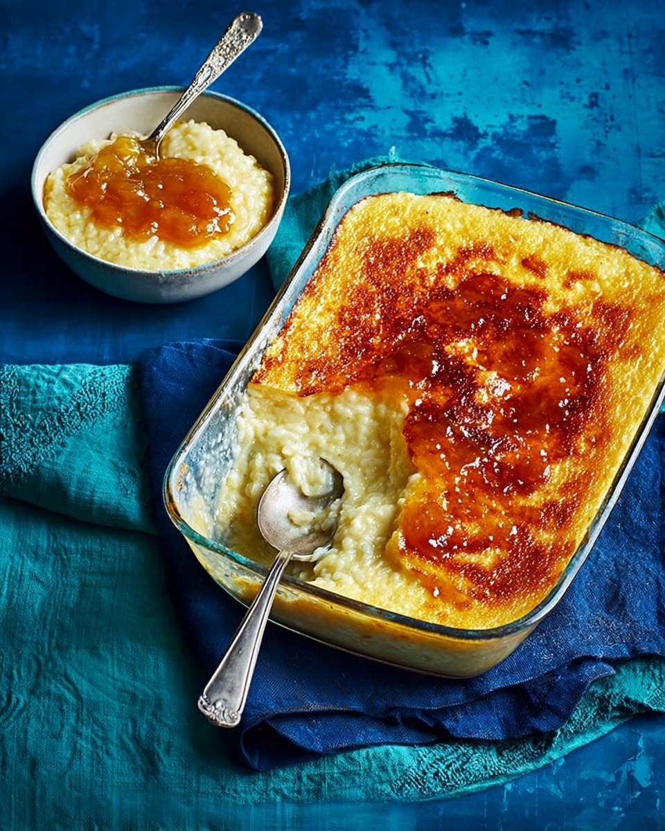 A rectangular metal baking dish holds a creamy rice pudding with a golden-brown, slightly wrinkled crust on top. The pudding is thick and white under the browned crust, and a silver spoon scoops out a portion from one corner, revealing the creamy texture inside. Nearby, a white bowl contains a serving of the same rice pudding topped with a glossy amber jam, with a silver spoon resting inside. The baking dish is set on a folded teal cloth, all placed on a deep blue textured surface. photo taken with an iphone --ar 4:5 --v 7