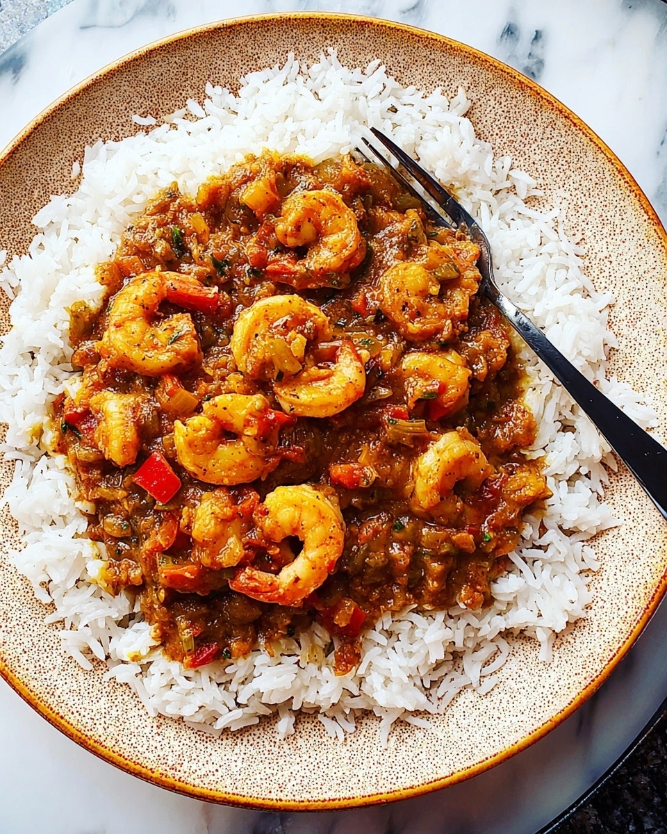 A dish showing a single layer of fluffy white rice covering the bottom of a white plate with a thin dark rim, topped with a thick layer of shrimp cooked in a brownish-orange sauce mixed with small pieces of onion and red bell pepper. The shrimp are orange with a slight shine, arranged evenly over the rice, and there is a black fork resting on the right side of the plate. The plate is set on a white marbled surface with a tan cloth napkin on the right side. photo taken with an iphone --ar 4:5 --v 7