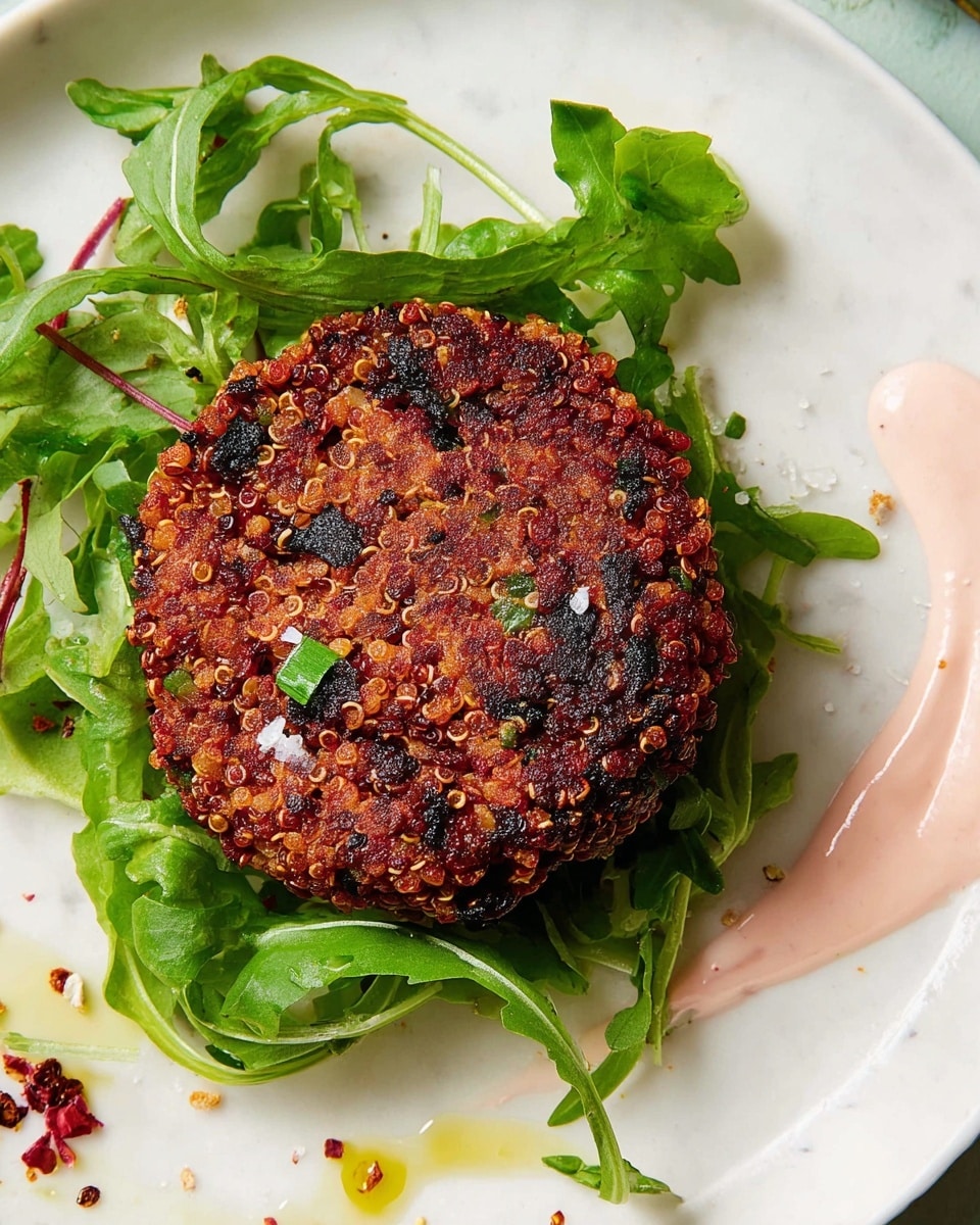 A single round quinoa patty with a crispy, textured surface showing small black and white quinoa seeds mixed with green herbs and dark red beet pieces, placed on a bed of fresh green leafy arugula and cilantro. The patty is slightly browned with rough edges and has a bite taken out of it on the right side. To the right of the patty, there is a small amount of light pink creamy sauce and some oil drizzled on a white plate, all set on a white marbled surface. Photo taken with an iphone --ar 4:5 --v 7