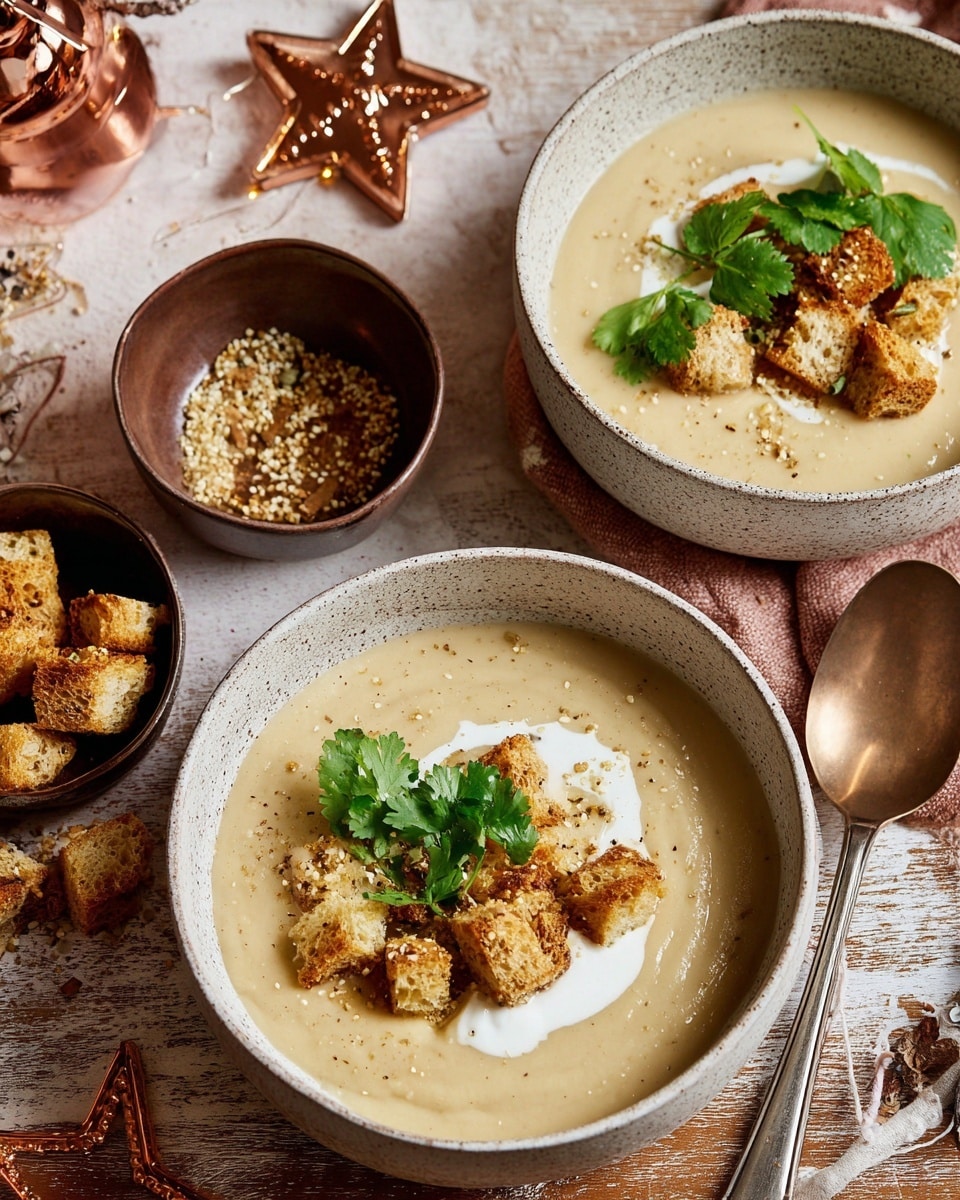 Two white bowls filled with smooth, creamy pale beige soup are shown on a white marbled surface. Each soup bowl has a swirl of white cream near the edge, topped with crunchy golden-brown croutons sprinkled with sesame seeds and small green cilantro leaves. One bowl has a bronze spoon resting inside it. Nearby, a dark bowl holds extra croutons. The setting includes rustic wooden decor and festive items like a copper ball and a wooden star. photo taken with an iphone --ar 4:5 --v 7