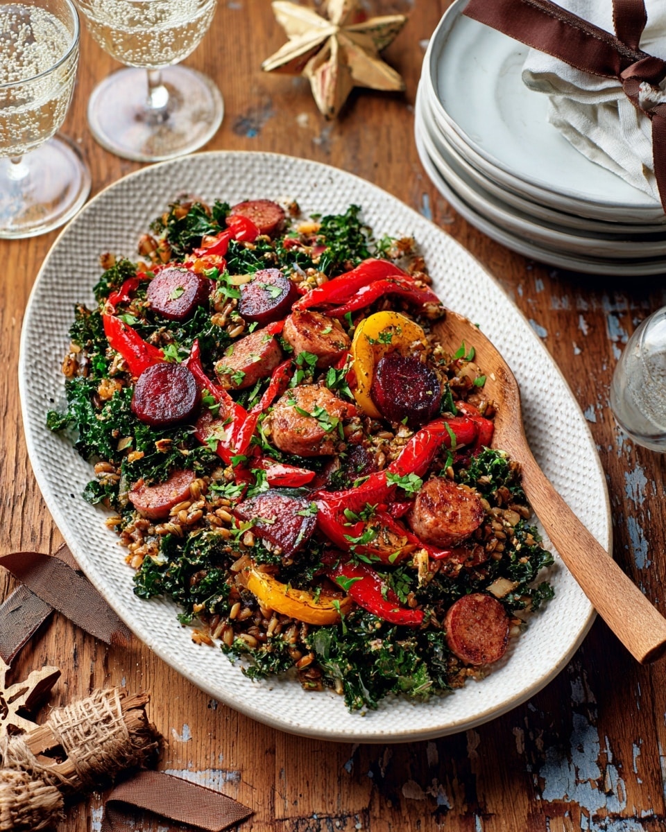 A large oval white plate with a carved pattern holds a colorful mixed dish. The base layer is dark green cooked leafy vegetables, mixed with small grains in light brown and beige colors scattered throughout. The middle layer has bright red slices of cooked sausage and red pepper strips, along with thin, translucent sautéed onion slices. The top layer consists of deep red beet chunks and green chopped herbs sprinkled evenly over the dish. A wooden spoon rests on the right side of the plate, blending into the mix. The plate is set on a wooden surface with a small glass of sparkling water nearby and a stack of white plates with a brown edge to the side. photo taken with an iphone --ar 4:5 --v 7