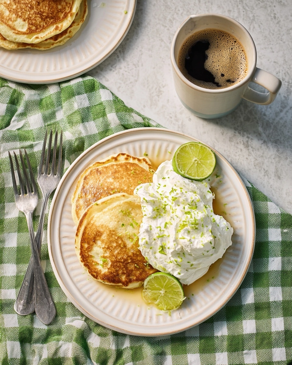 Two golden-brown pancakes with a soft texture are stacked slightly off-center on a white plate with a subtle herringbone pattern. Next to the stack is a generous dollop of white whipped cream topped with small green lime zest pieces, and a bright lime wedge sits beside the pancakes. The plate rests on a green and white checkered tablecloth, which is placed above a white marbled surface. In the upper right, a beige ceramic cup filled with black coffee shows light foam on top. Another plate with the same pancakes and cream is partially visible in the upper left, along with two silver forks placed side by side to its left. photo taken with an iphone --ar 4:5 --v 7