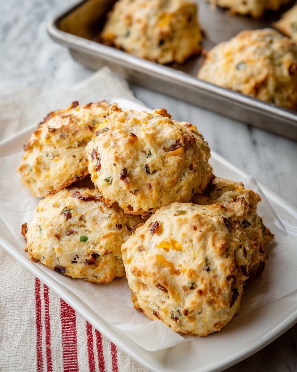 A close-up of six golden brown biscuits stacked loosely on a white, oval-shaped plate lined with parchment paper. The biscuits have a rough texture with visible bits of melted cheddar cheese and chopped green herbs unevenly distributed throughout. The outside looks crispy and crumbly, while the inside appears soft and fluffy. In the background, part of a baking tray with more biscuits can be seen on a white marbled surface. The scene is lit with soft natural light, highlighting the warm tones of the biscuits. Photo taken with an iphone --ar 4:5 --v 7