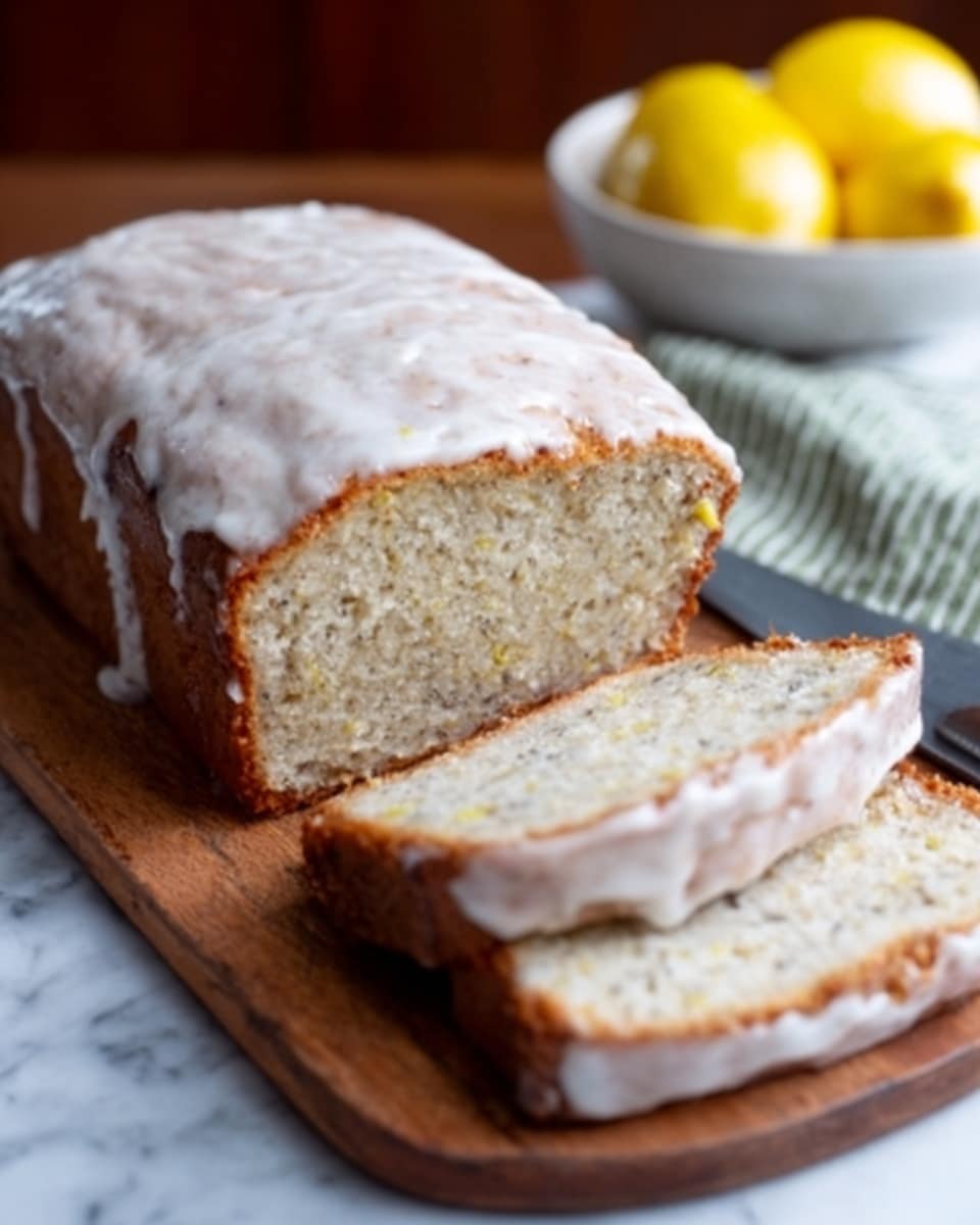 A sliced loaf of light brown bread with a soft texture and a pale white icing spread evenly on top, resting on a wooden cutting board. In the background, there is a white bowl filled with two yellow lemons and green leaves, set against a white marbled surface. The bread has about four visible slices in the front, showcasing its fluffy inside. Photo taken with an iphone --ar 4:5 --v 7