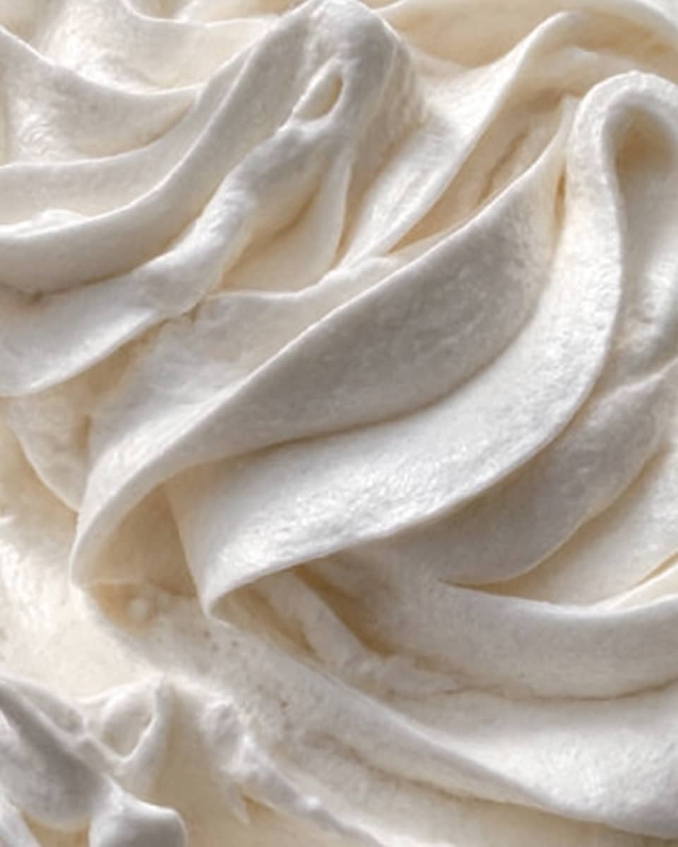 The image shows a close-up view of smooth, creamy white frosting with soft swirls and peaks, creating a soft texture that looks light and fluffy. The surface is glossy with gentle waves and little shadows that show the creamy thickness. The background is a white marbled texture. Photo taken with an iphone --ar 4:5 --v 7