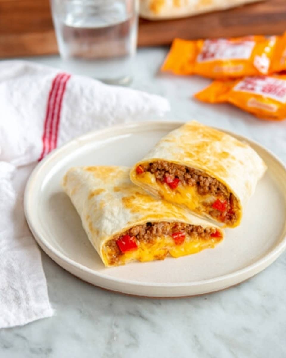 Two halves of a small stuffed pastry are placed on a white plate, showing a golden-baked crust with a smooth, slightly shiny texture. The inside reveals a colorful filling made of cooked ground meat mixed with small pieces of red bell pepper and yellow corn. The plate sits on a white marbled surface, with a clear glass of water and several orange sauce packets blurred in the background. A white cloth with red stripes is partially visible near the top left. Photo taken with an iphone --ar 4:5 --v 7