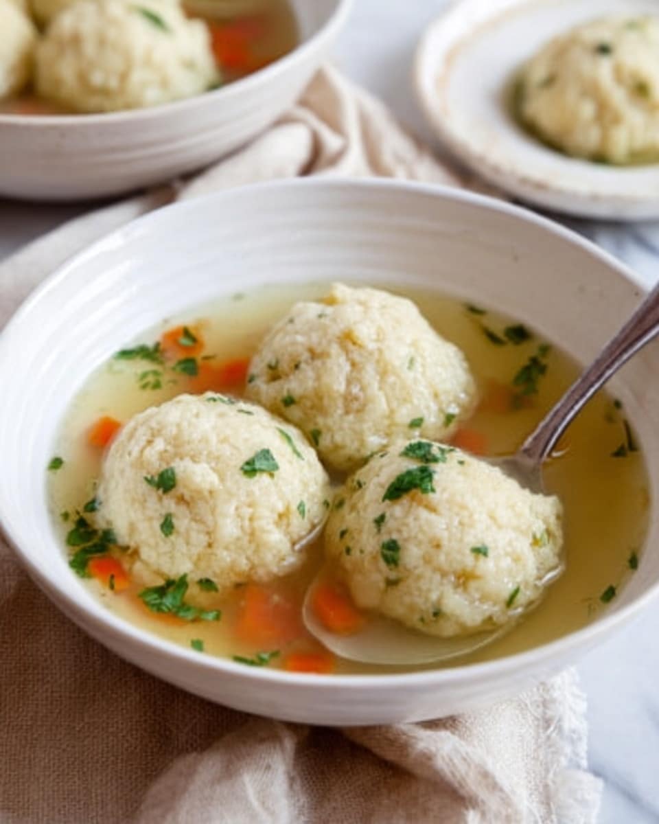 The image shows a white bowl on a white marbled surface filled with clear broth and three light beige dumplings floating on top. The dumplings have a soft, slightly grainy texture and are garnished with small green chives. In the broth, thin orange carrot slices can be seen near the dumplings. A silver spoon is partially inside the bowl on the right side, resting on the edge. In the background, there is another white bowl with more dumplings, softly blurred. Photo taken with an iphone --ar 4:5 --v 7