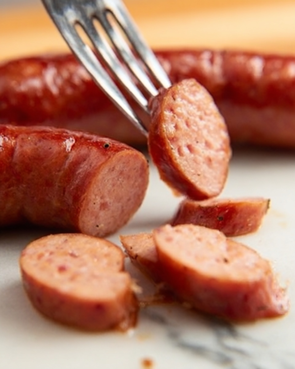 The image shows a close-up of sliced sausage on a white marbled surface. There is a whole sausage lying in the background with a shiny, reddish-brown skin. In the foreground, one sausage is cut into even slices, revealing a pinkish interior with small bits of seasoning. A woman's hand holds a fork that pierces a round slice of sausage, lifting it slightly above the others. The lighting highlights the glossy texture of the cooked sausage skin against the soft, moist inside. photo taken with an iphone --ar 4:5 --v 7