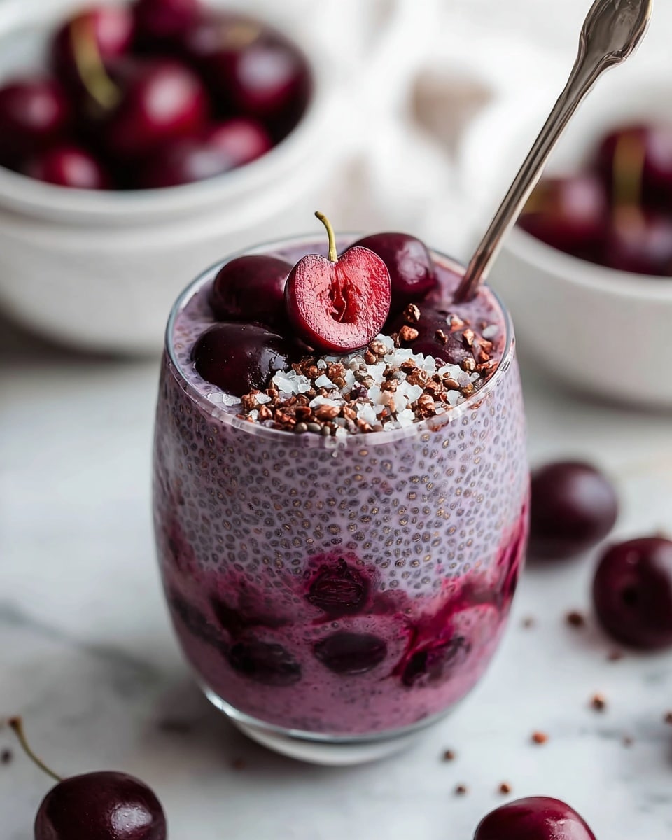 The image shows a glass filled with a three-layered chia pudding dessert. The bottom layer is a dark purple mix with visible whole cherries embedded within, giving it a rich, textured look. The middle layer is a lighter purple chia pudding with visible chia seeds, creating a speckled appearance throughout. The top layer is a smooth, dark purple liquid with several whole dark red cherries and a halved cherry placed on top, adding shine and freshness. In the center of the top layer, there is a small pile of chia seeds sprinkled with a few small cocoa nibs or similar small brown bits. A silver spoon is inserted into the pudding from the right side. The glass sits on a surface with a white marbled texture, with blurred white bowls full of cherries and scattered cherries around it. photo taken with an iphone --ar 4:5 --v 7