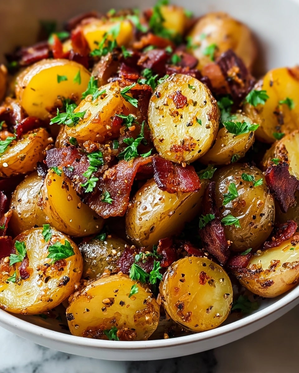 The dish shows a close-up of roasted baby potatoes cut into halves with golden yellow interiors and slightly crispy brown skins, mixed with crispy dark red bacon pieces that have a shiny, slightly oily texture. Scattered over the top are small green parsley leaves that add a fresh touch, and the whole mix is in a white bowl. The potatoes and bacon appear seasoned with visible coarse black pepper and bits of mustard seeds. The photo is taken against a white marbled texture, focusing tightly on the food to show the textures clearly. photo taken with an iphone --ar 4:5 --v 7